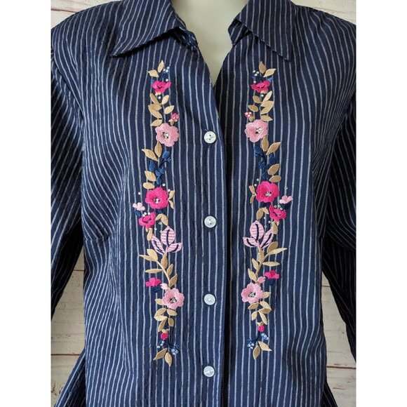 Allison Daley Shirt Blouse Blue Embroidery Striped Button Down 3/4 Sleeve 18W - Picture 3 of 10